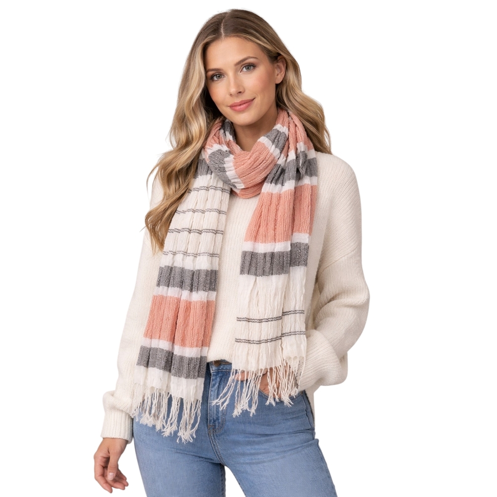 Boho Striped Fringe Scarf Peach White Gray Lightweight Wrap Shawl